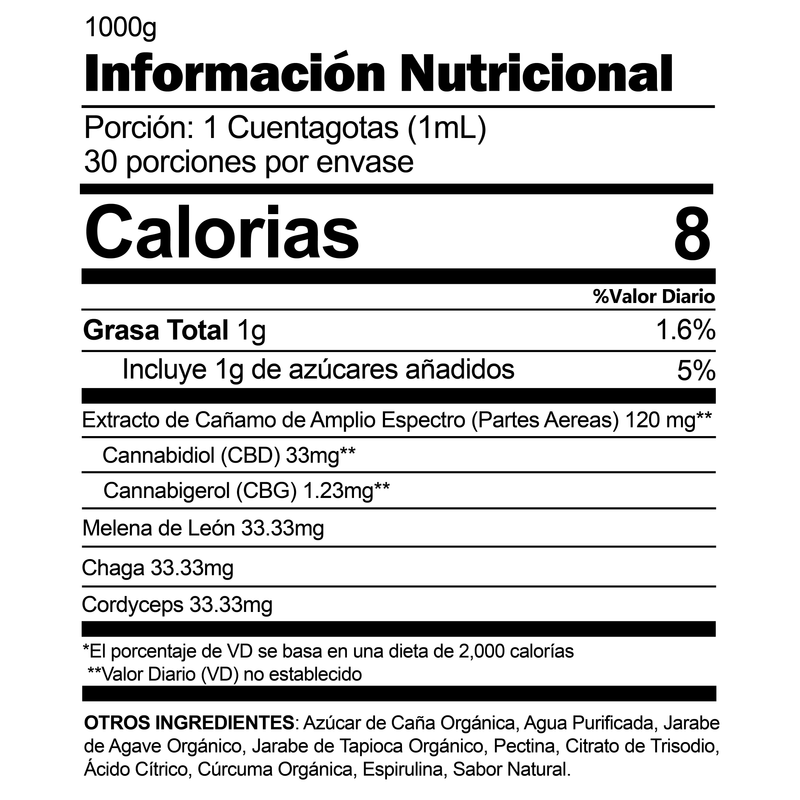 Cargar imagen en el visor de la galería, Informacion Nutrimental Tintura Energética para Enfoque con CBD, CBG y Hongos